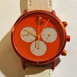 Movado FACE Watch With 43mm Orange Red Tone Chronograph Face &Cream Leather Band